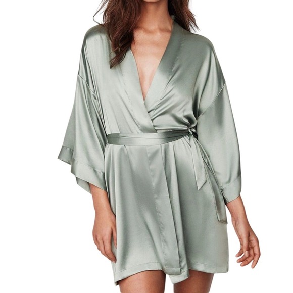 Victoria's Secret Silky Satin Robe Teal Aqua Blue Kimono Tie Waist Mens ML